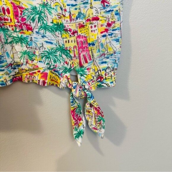 Talbots S Santorini Greece Print Cotton Sweater V-Neck Tie Hem Tropical Coquette - Picture 7 of 9